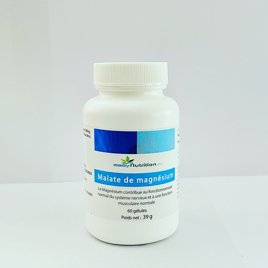 Flacon Malate de Magnésium 500mg – 60 gélules végétales pullulane, complément alimentaire naturel sans effet laxatif