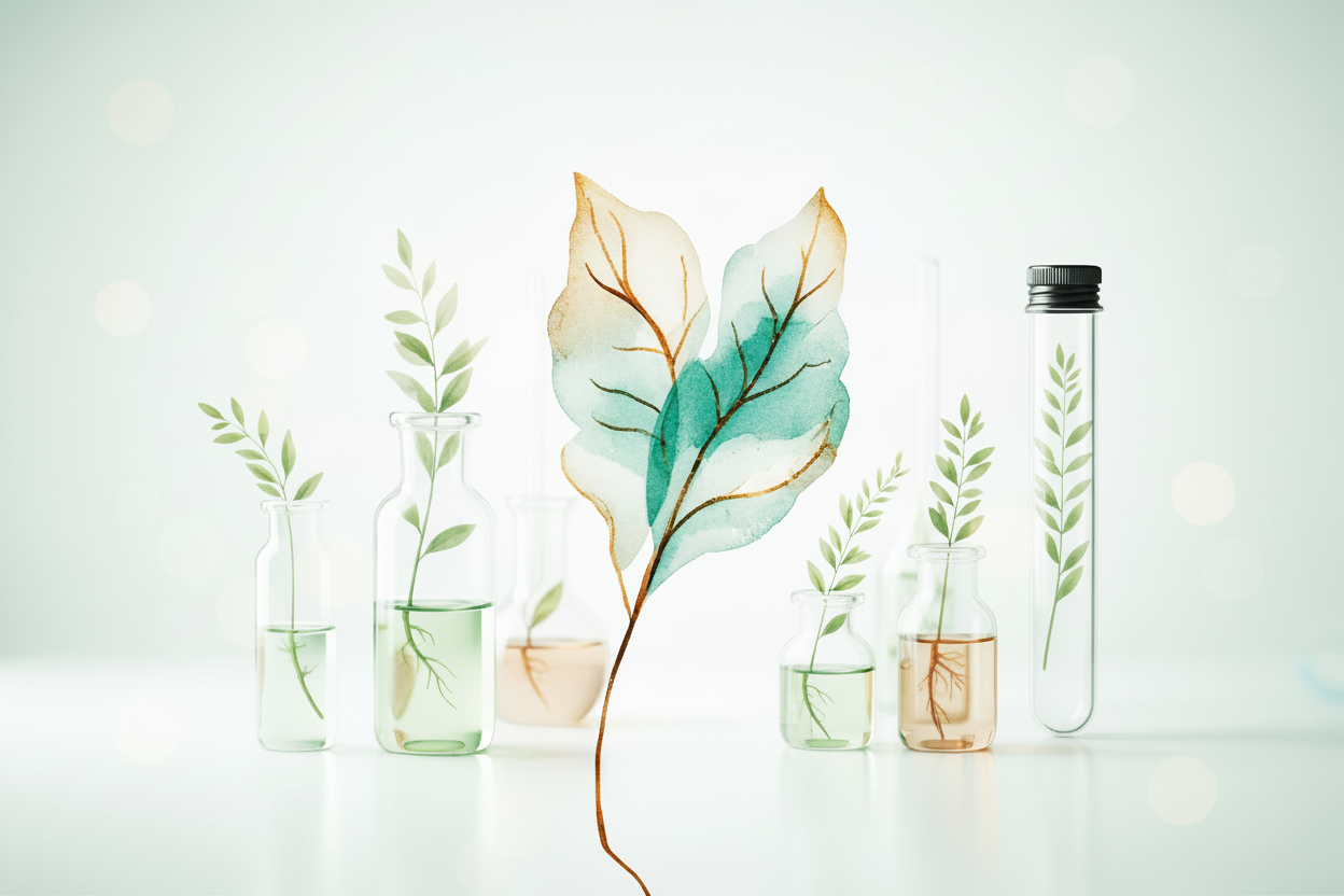 Plantes médicinales en flacons de laboratoire – science et nature au service des compléments alimentaires naturels